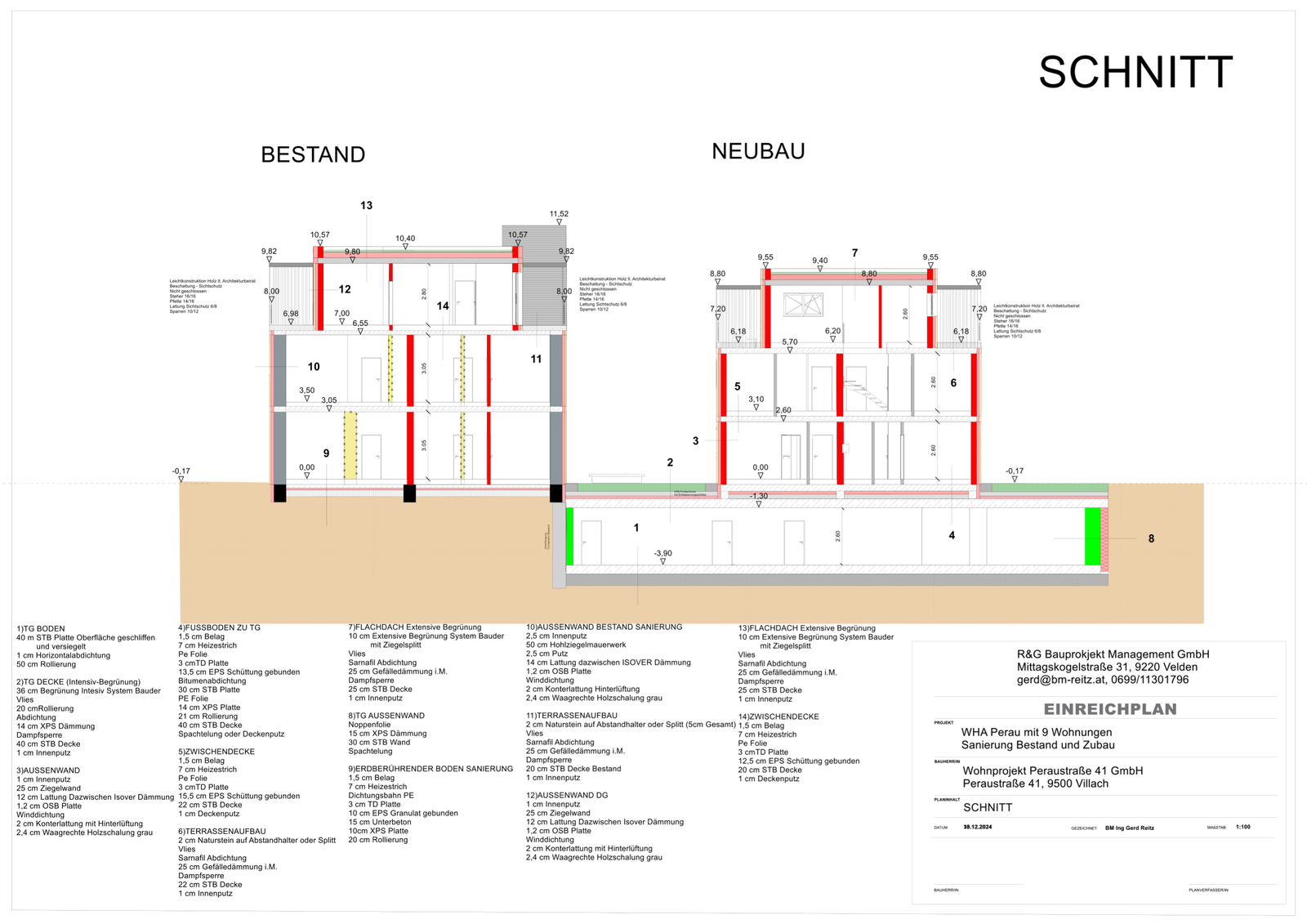Villach — vollständiger Schnitt Bestand und Neubau